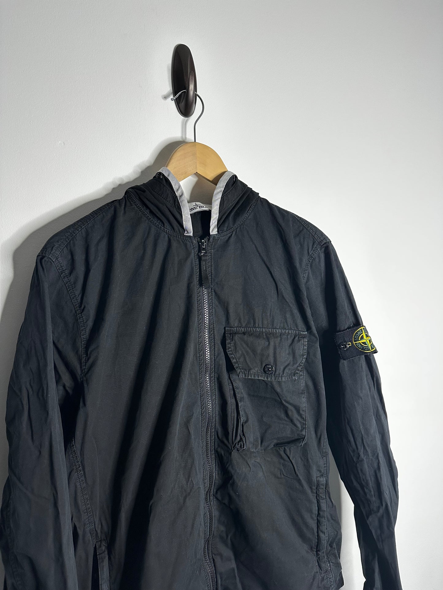Stone Island Black Brushed Cotton Hooded Overshirt - Large