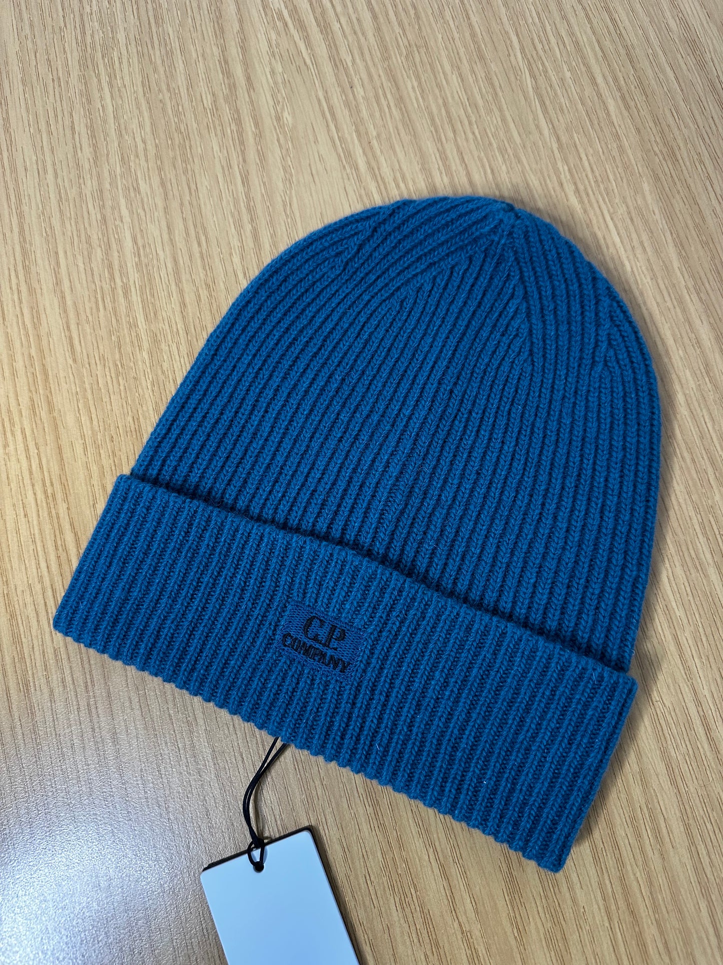 C.P. Company Spruce Blue Lambswool Patch Logo Beanie Hat