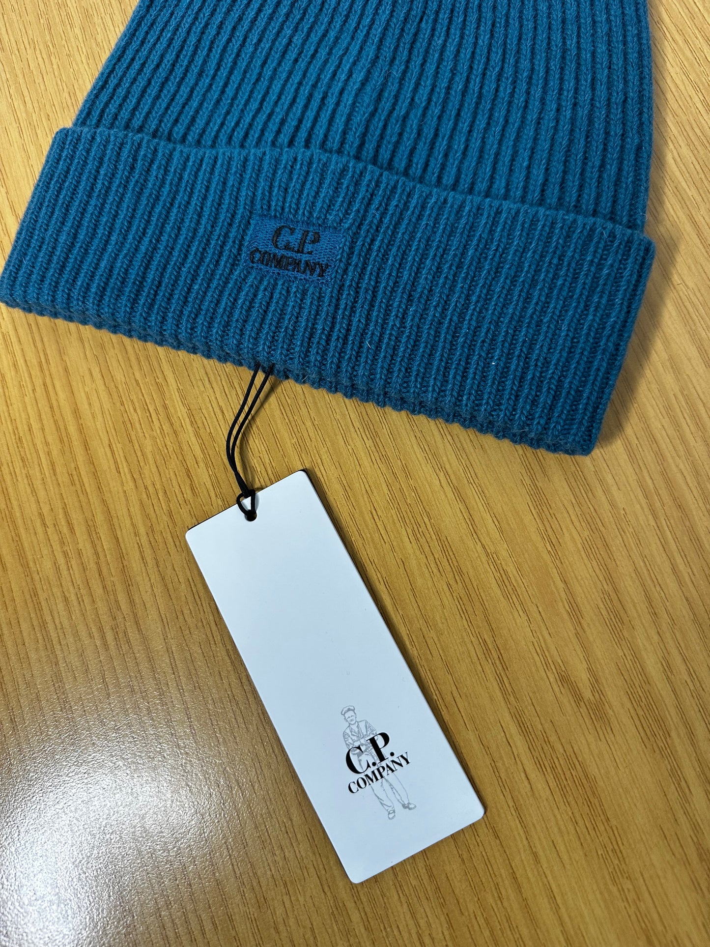 C.P. Company Spruce Blue Lambswool Patch Logo Beanie Hat
