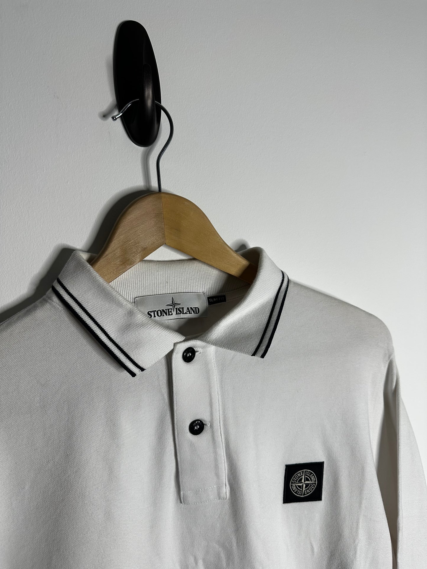 Stone Island White Long Sleeve Polo Shirt - Medium
