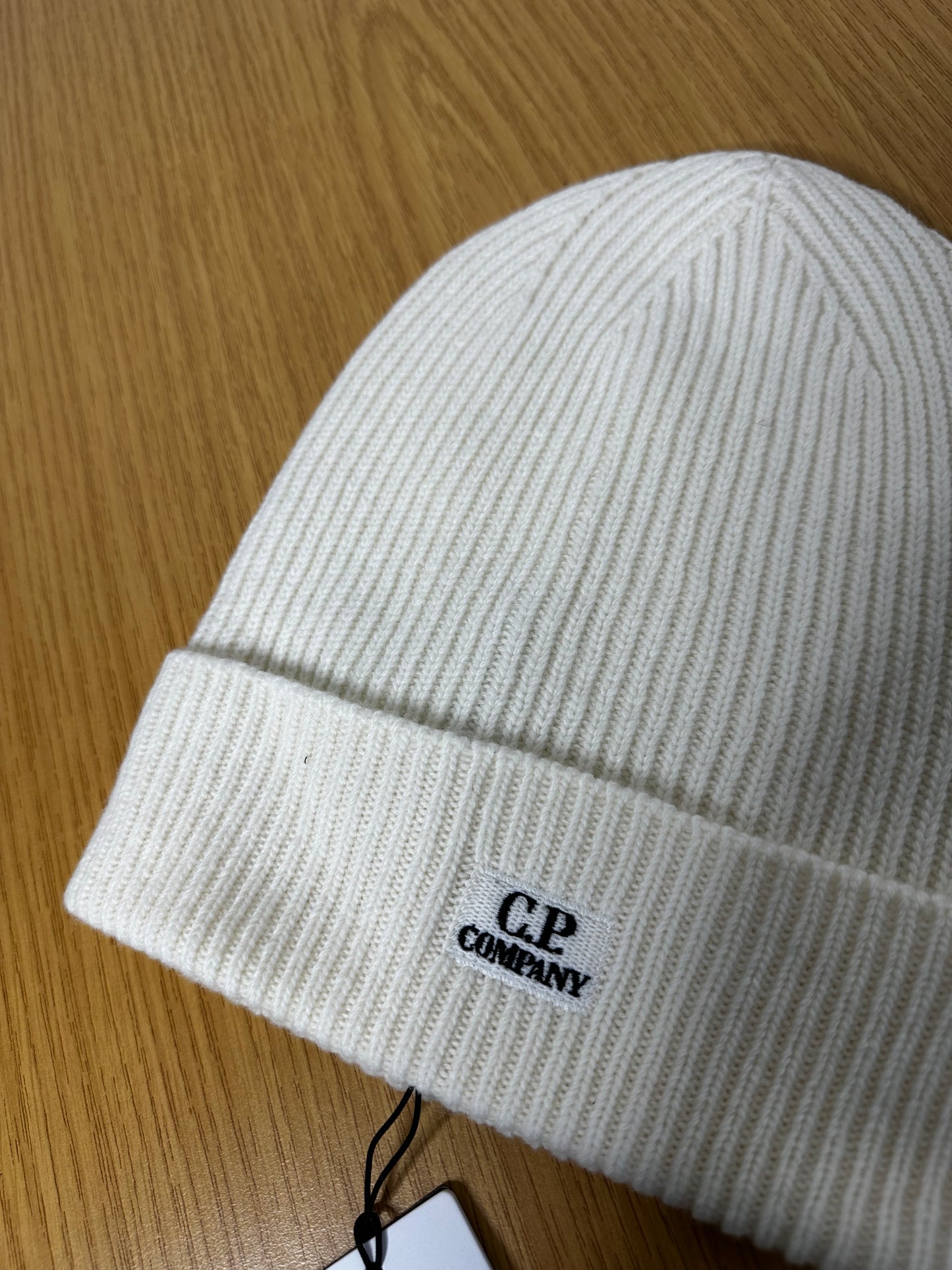 C.P. Company White Lambswool Patch Logo Beanie Hat