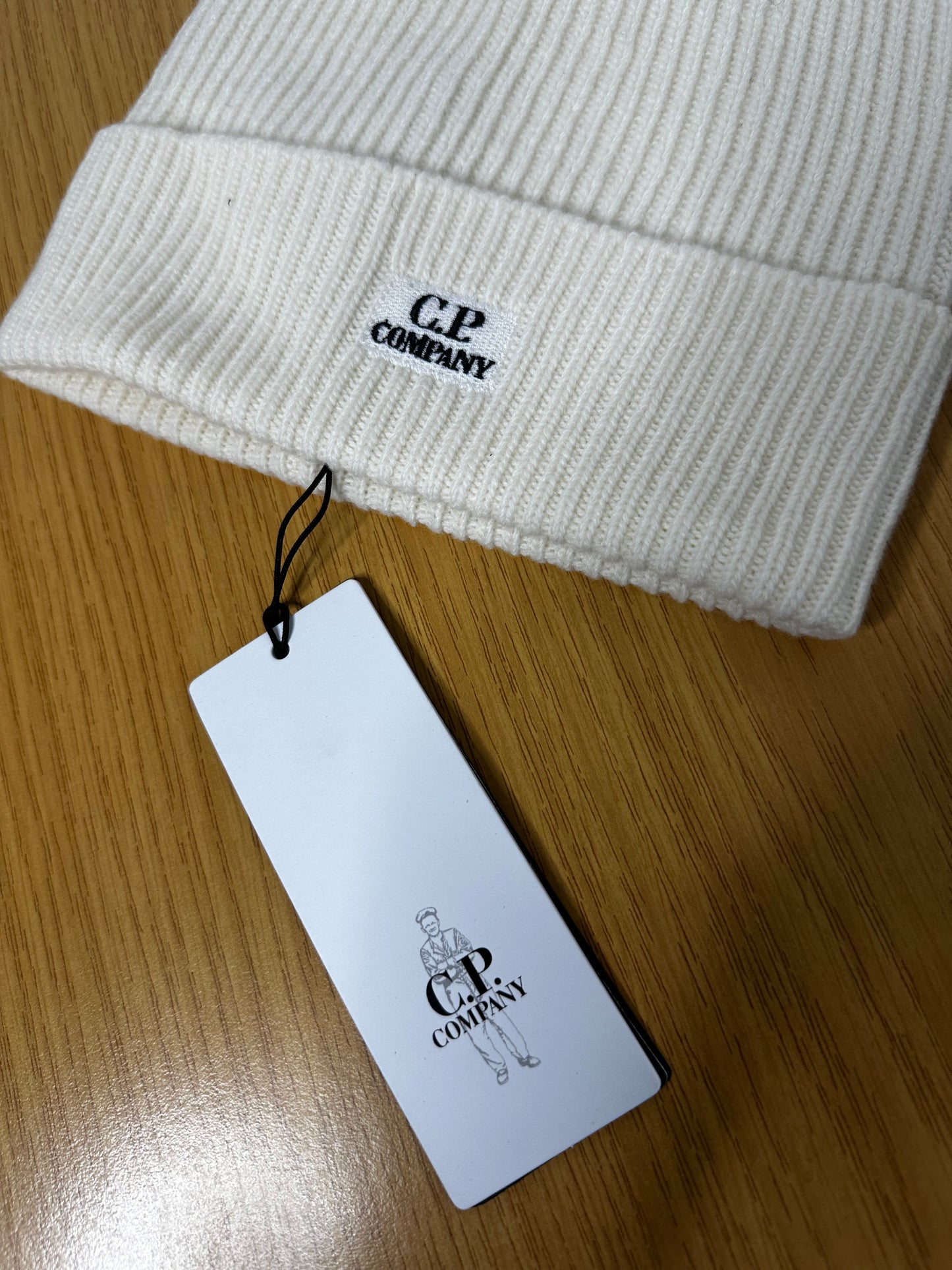 C.P. Company White Lambswool Patch Logo Beanie Hat
