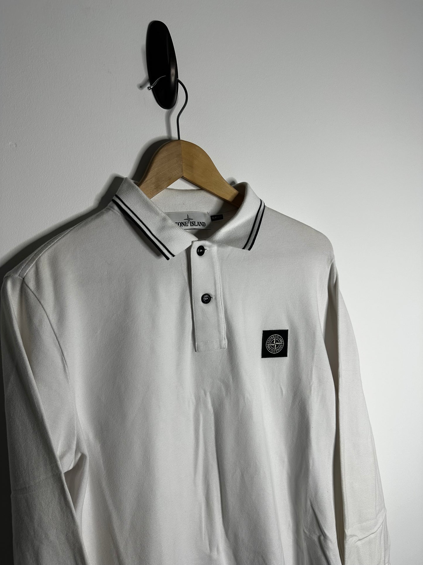 Stone Island White Long Sleeve Polo Shirt - Medium