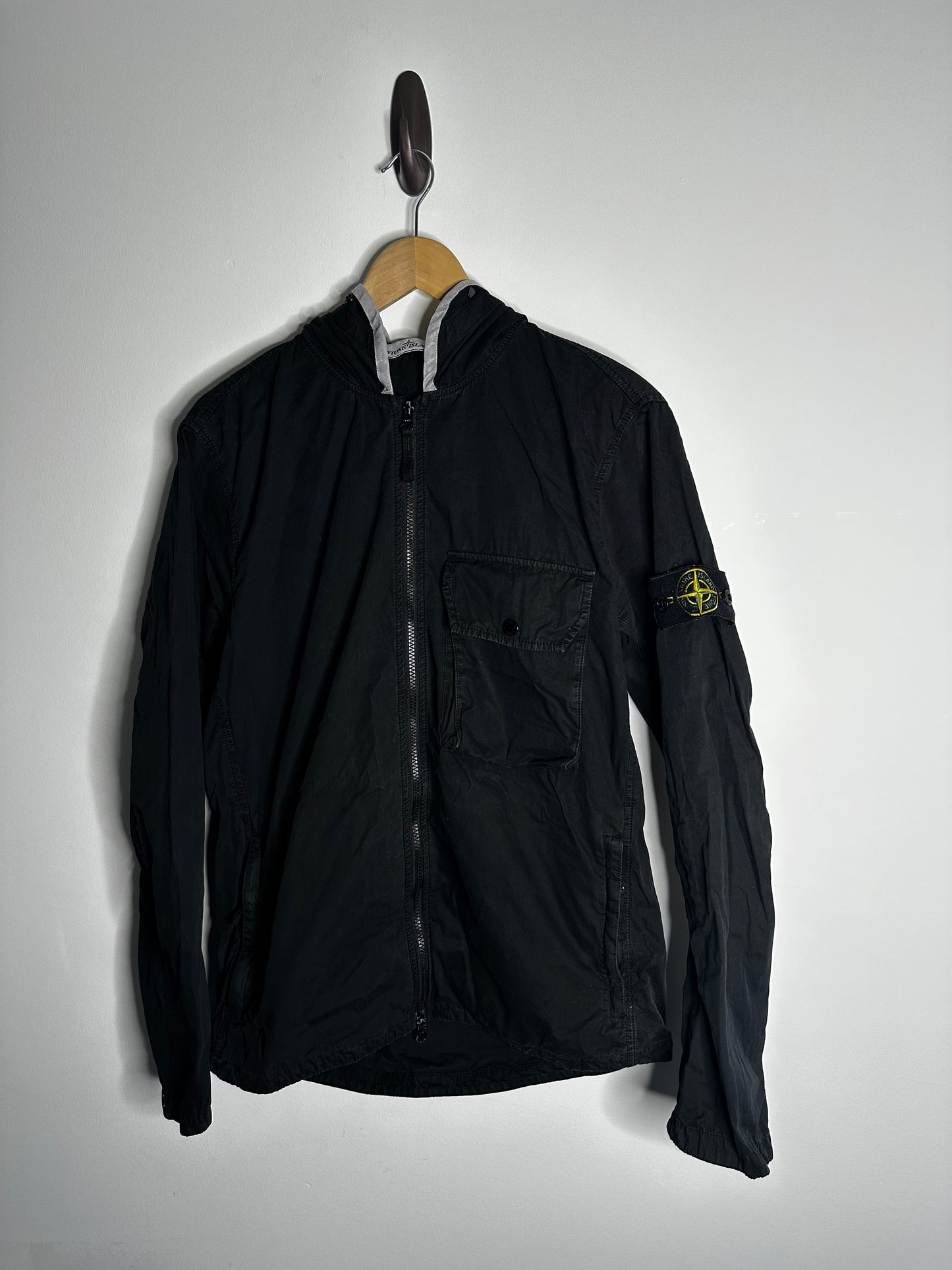 Stone Island Black Brushed Cotton Hooded Overshirt - Large