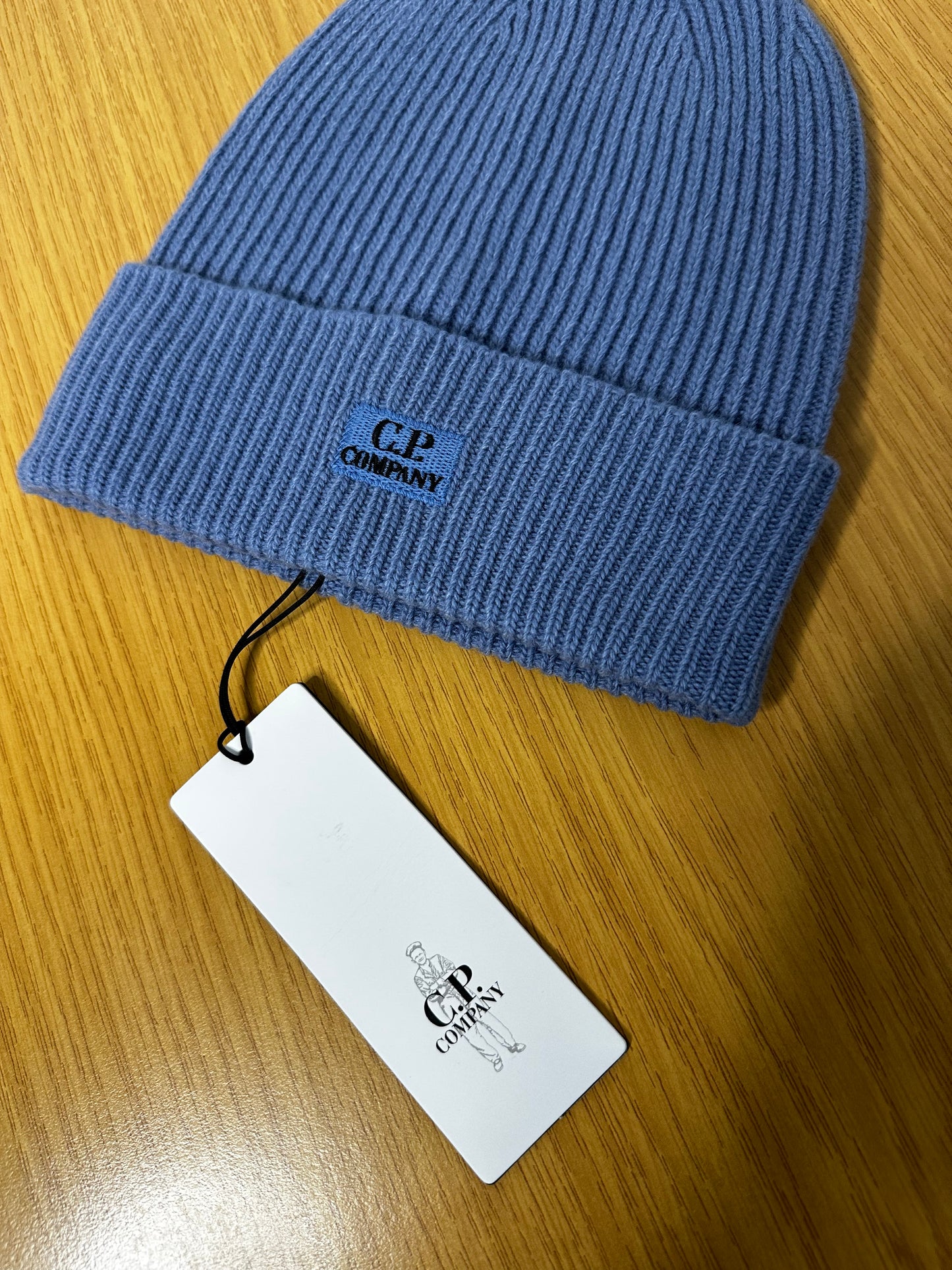 C.P. Company Infinity Blue Lambswool Patch Logo Beanie Hat