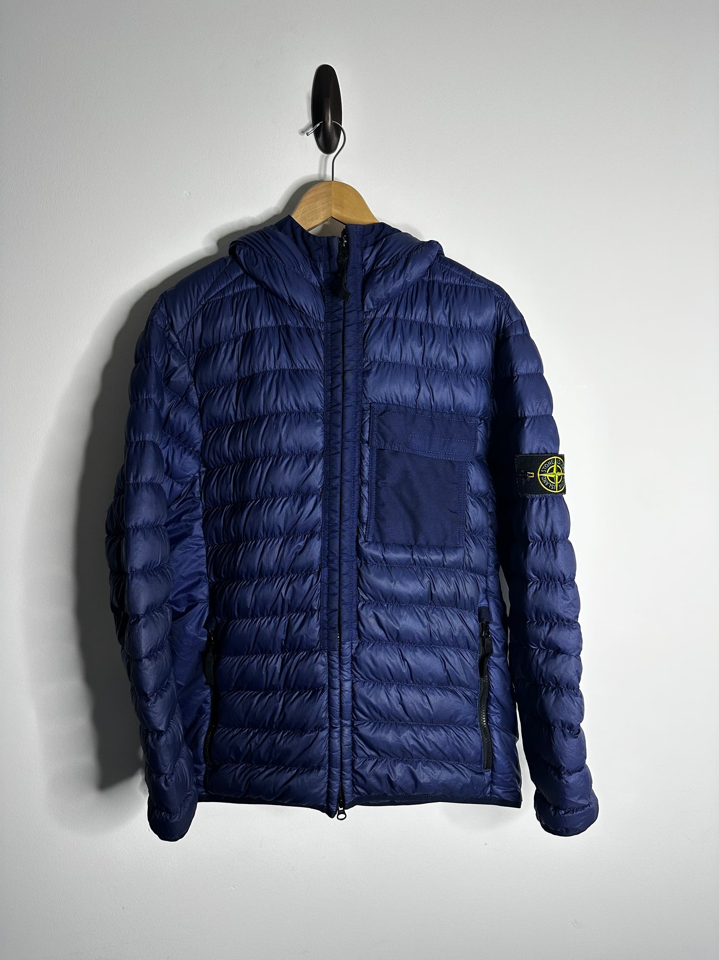 Stone Island Blue Garment Dyed Micro Yarn Down Hooded Jacket - Large