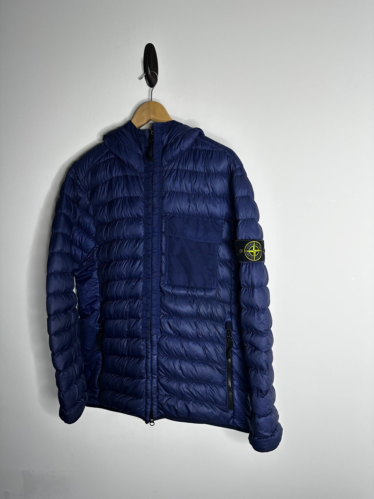 Stone Island Blue Garment Dyed Micro Yarn Down Hooded Jacket - Large