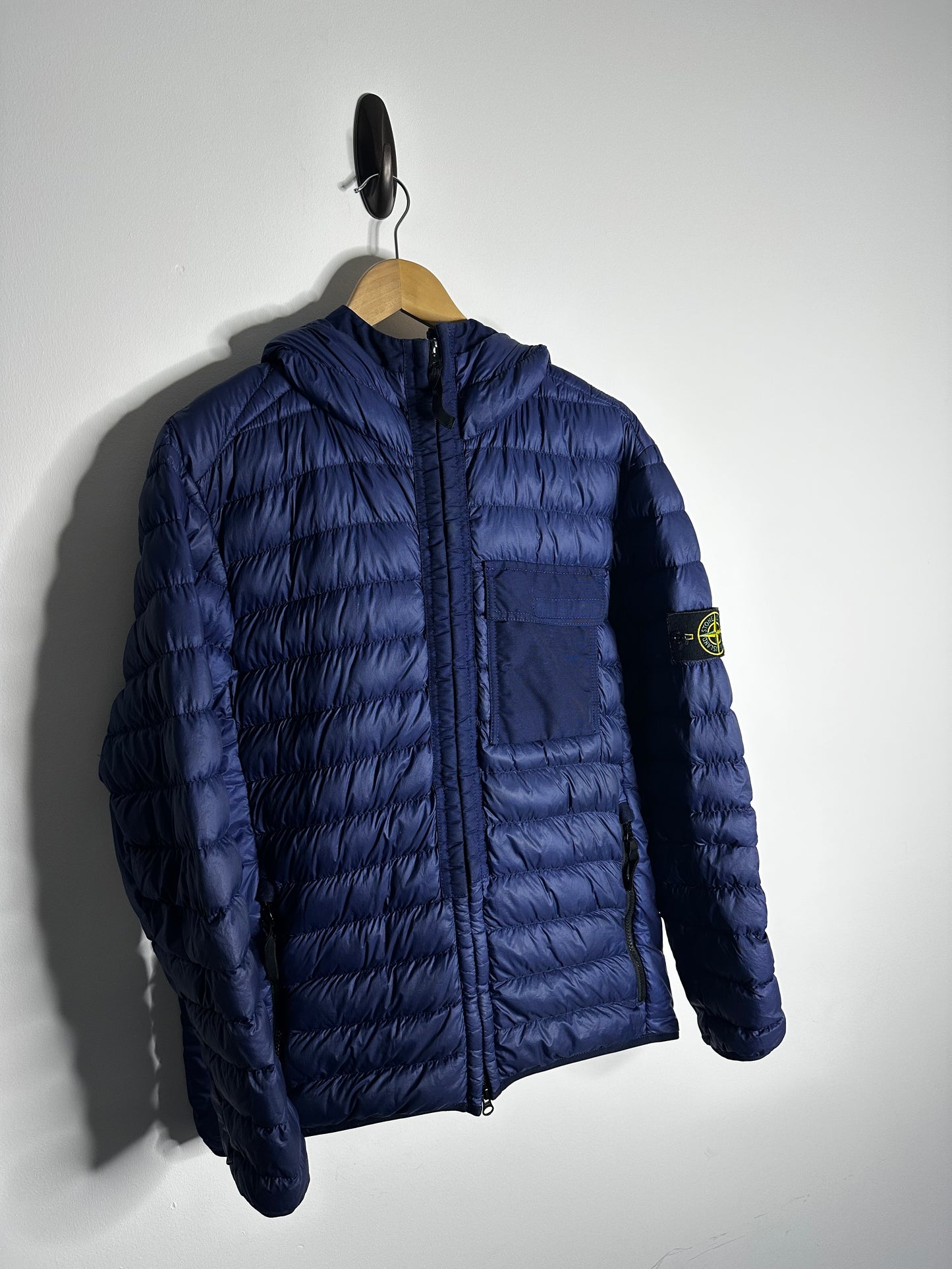 Stone Island Blue Garment Dyed Micro Yarn Down Hooded Jacket - Large
