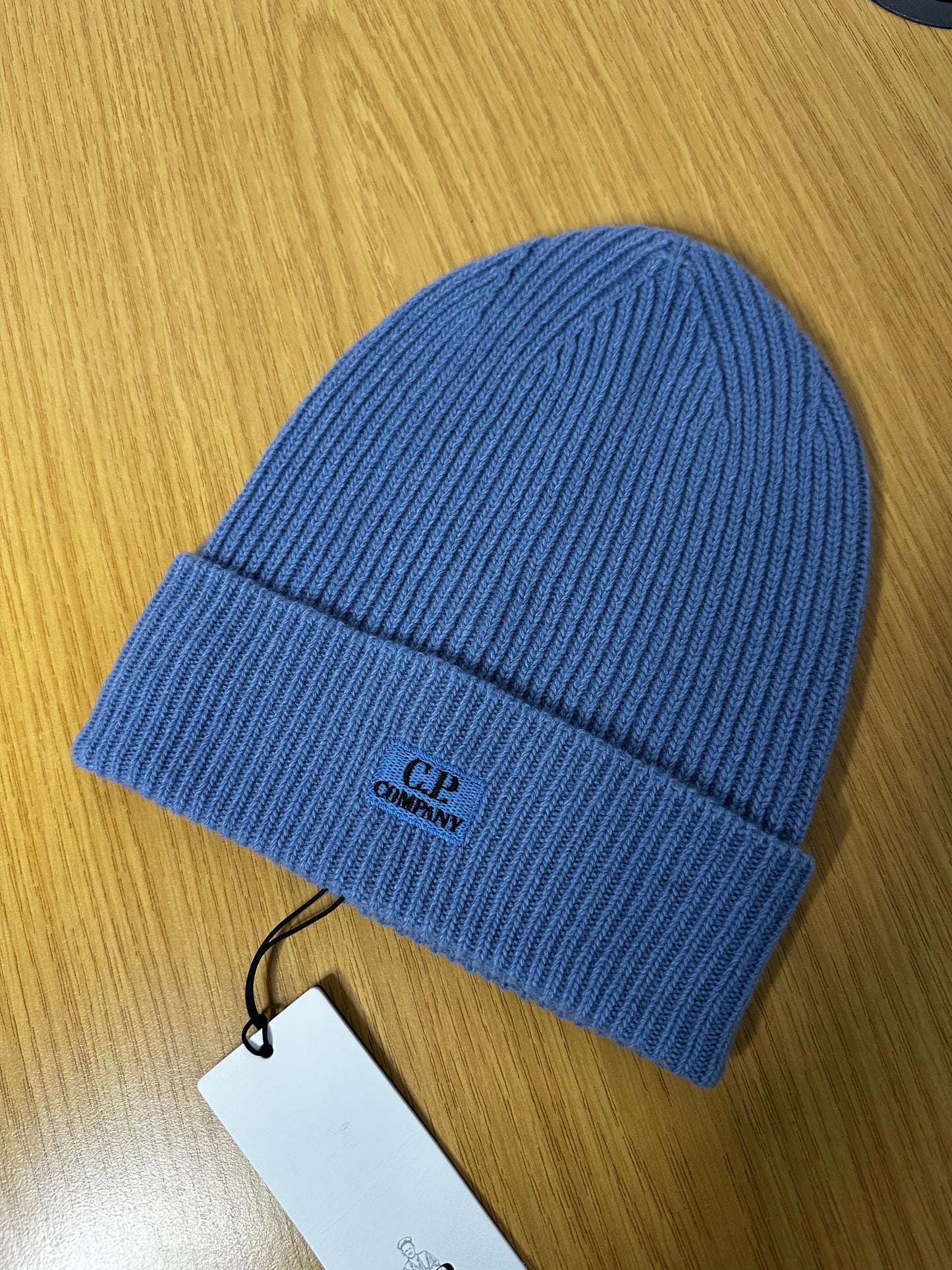 C.P. Company Infinity Blue Lambswool Patch Logo Beanie Hat