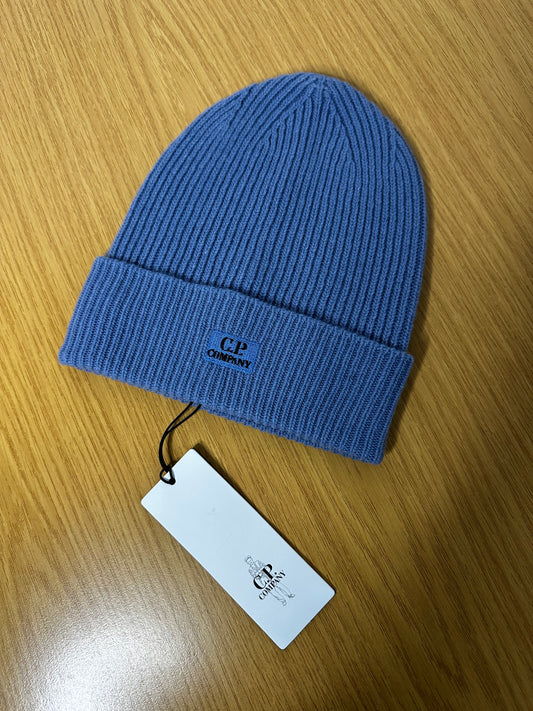 C.P. Company Infinity Blue Lambswool Patch Logo Beanie Hat