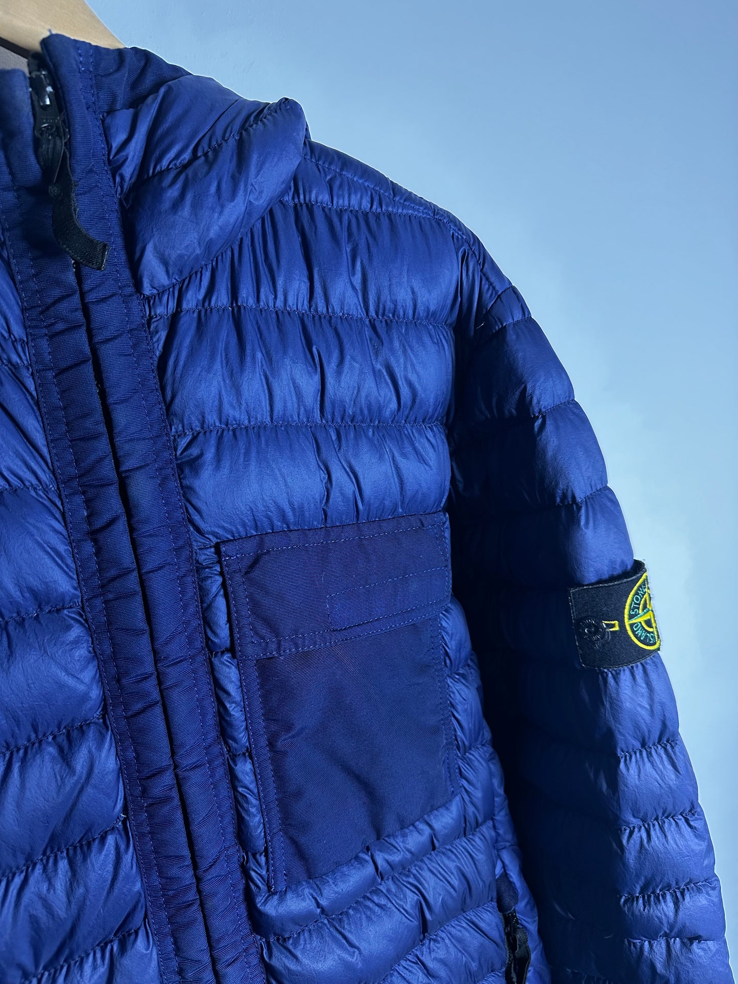 Stone Island Blue Garment Dyed Micro Yarn Down Hooded Jacket - Large