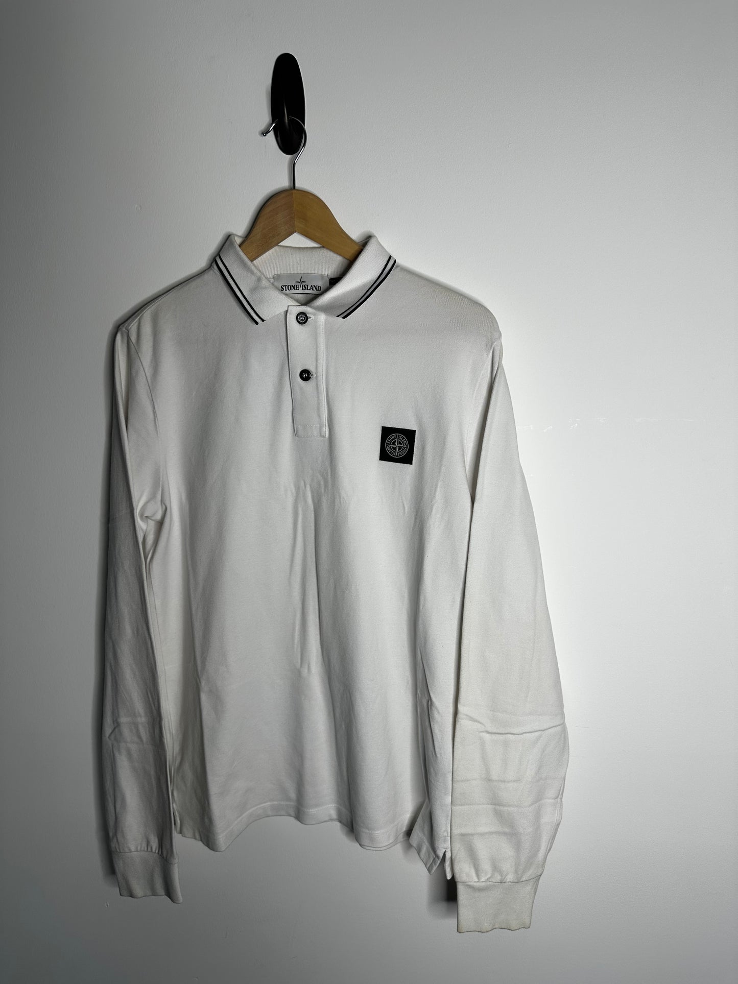 Stone Island White Long Sleeve Polo Shirt - Medium