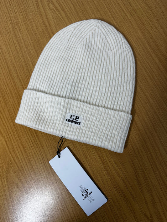 C.P. Company White Lambswool Patch Logo Beanie Hat