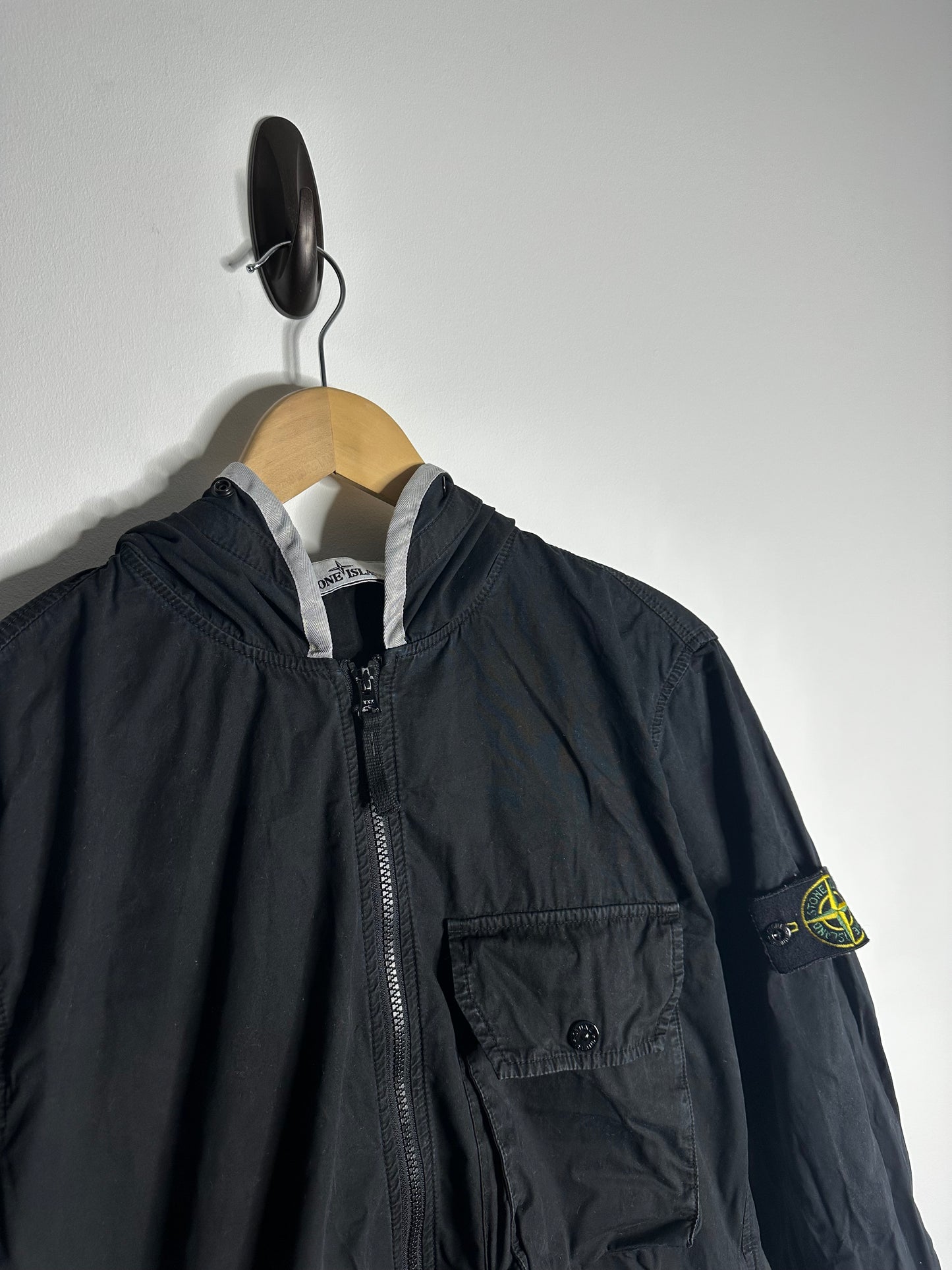 Stone Island Black Brushed Cotton Hooded Overshirt - Large