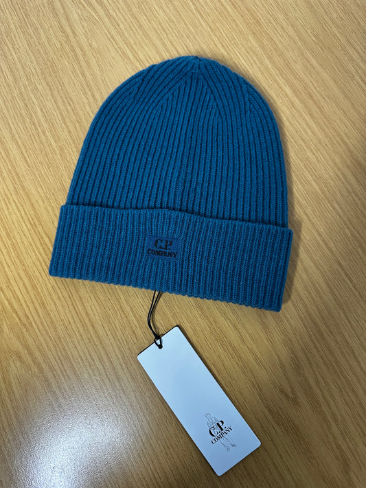 C.P. Company Spruce Blue Lambswool Patch Logo Beanie Hat