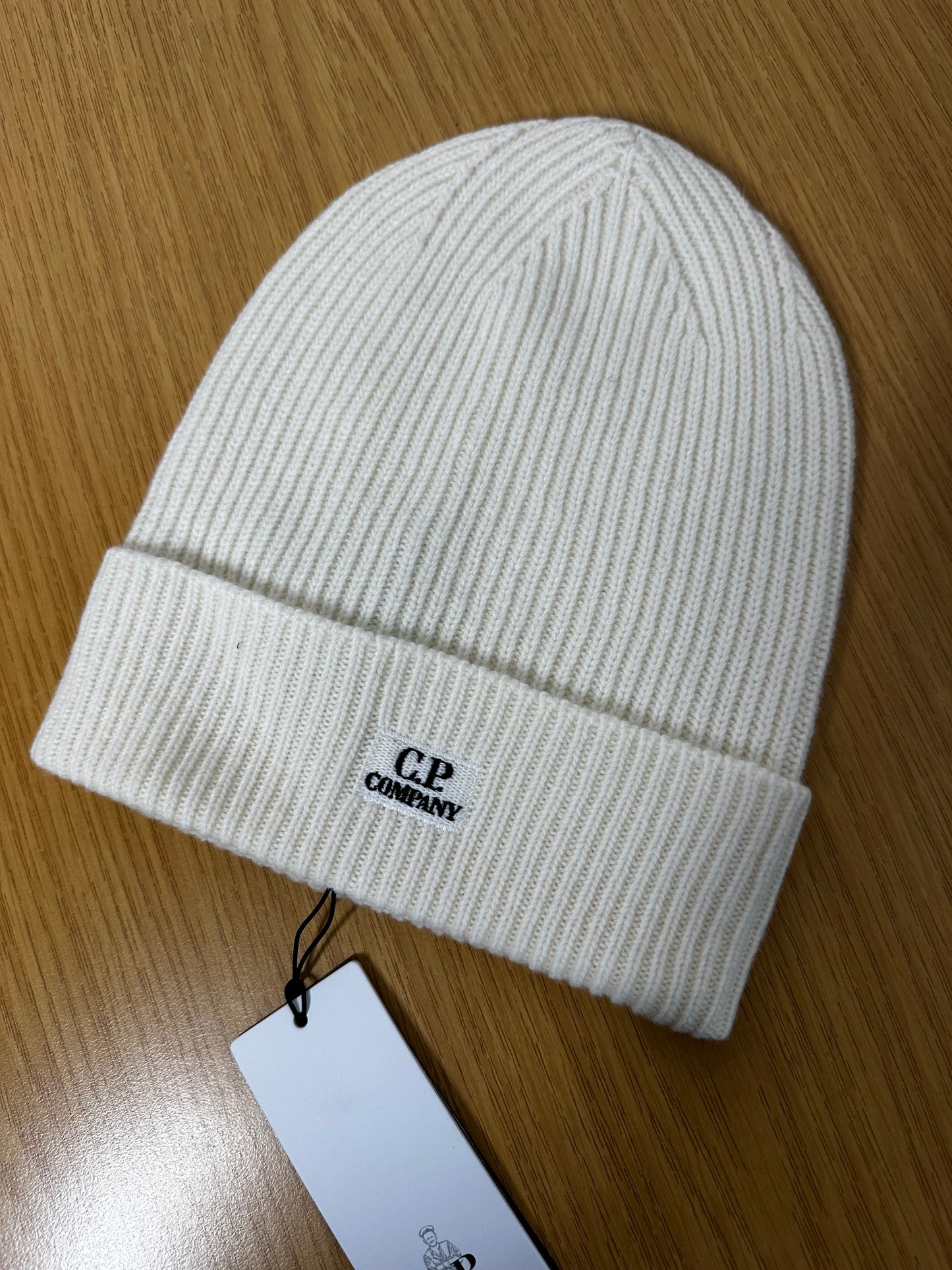 C.P. Company White Lambswool Patch Logo Beanie Hat